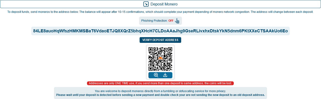 deposit monero